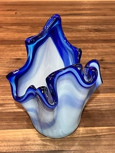 Vintage Blue And White Swirl Hand Crafted Art Glass Bowl - Picture 1 of 14