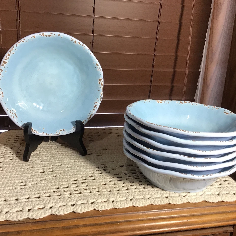 7 tazones de sopa para ensalada de pasta craquelada rústica azul cielo Tommy Bahama Foto 1 de 4