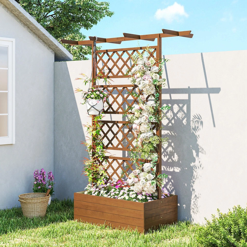 Cama de jardín elevada de madera Outsunny, maceta con enrejado para plantas trepadoras Foto 1 de 4