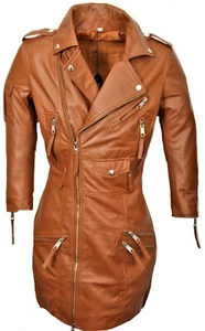 GENUINE LEATHER Biker Style Cognac Zippered Leather Dress Size M - Picture 1 of 11