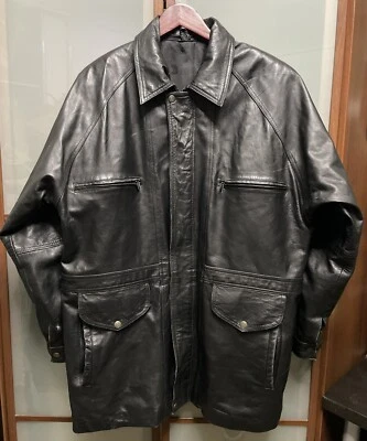 Calvin Klein CK Vintage Y2K Mens Full Zip Drawstring Waist Black Leather Jacket - Image 1 of 4