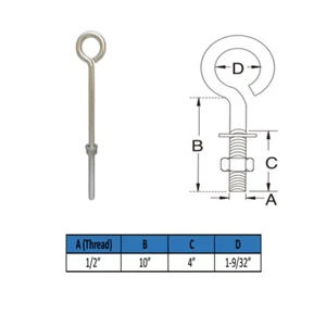 Tuerca de perno para ojos girados estilo forja SS de 1/2"" x 10"" tapa 250 lb. - Imagen 1 de 4