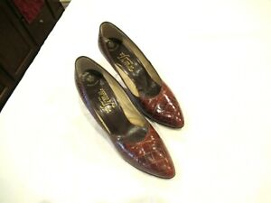 DeMello crocodile print leather vintage shoes heels pumps, sz. 6M, c. 1950s