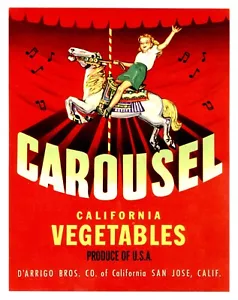 CAROUSEL VEGETABLES~ORIGINAL 1950s SAN JOSE CALIFORNIA~D'ARRIGO BROS CRATE LABEL - Picture 1 of 1