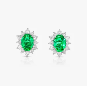 Lab-Grown Diamond 0.55ct and Lab-Grown Emerald 1.61ct Halo Stud Earrings - Picture 1 of 3