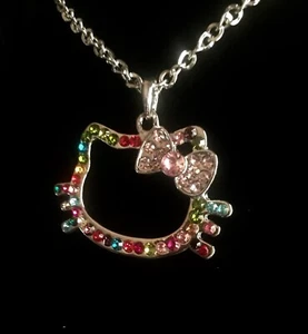 Hello Kitty necklace Pink Bow Radium Plated Reflective Crystals Rhinestones - Picture 1 of 6