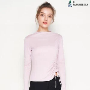 New Autumn Silk Base Shirt Women's Long Sleeve T-shirt Drawstring Slim Fit Tops - Picture 1 of 14