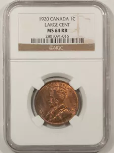 CANADA 1920 LARGE CENT, KM-21 - NGC MS-64 RB - Picture 1 of 3