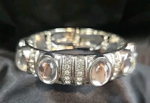 Vintage rhinestone clamper cuff silver hinged bangle bracelet - Picture 1 of 8