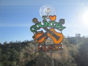 BEAUTIFUL STAINED GLASS STYLE 'I LOVE COUNTRY MUSIC' SUNCATCHER W/ SUCTION CUP - Picture 1 of 1