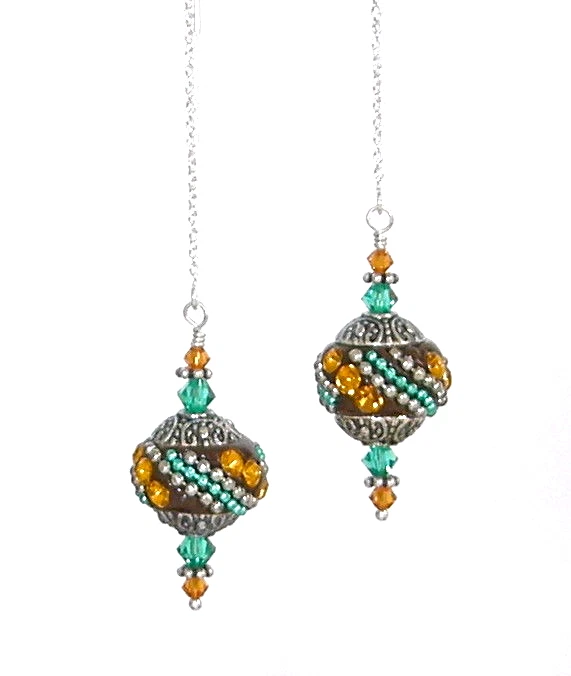 *IAJ* STERLING SILVER Ear Threader MOCHA BROWN BALI STYLE BEAD SWAROVSKI CRYSTAL - Image 1 of 1