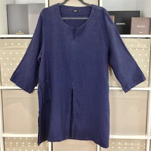 Top túnica de lino Ralston medio lavado azul de gran tamaño 45" Ch Lagenlook Arty Boho - Imagen 1 de 20