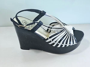 NEW PAPELL Women's Size 5.5 BLACK LEATHER Wedge Sling Sandal Pump Heel Shoes - Picture 1 of 7