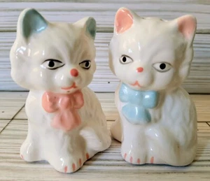 Vintage White Cat Salt & Pepper Shakers 3" Tall Pink And Blue Ribbons - Picture 1 of 13