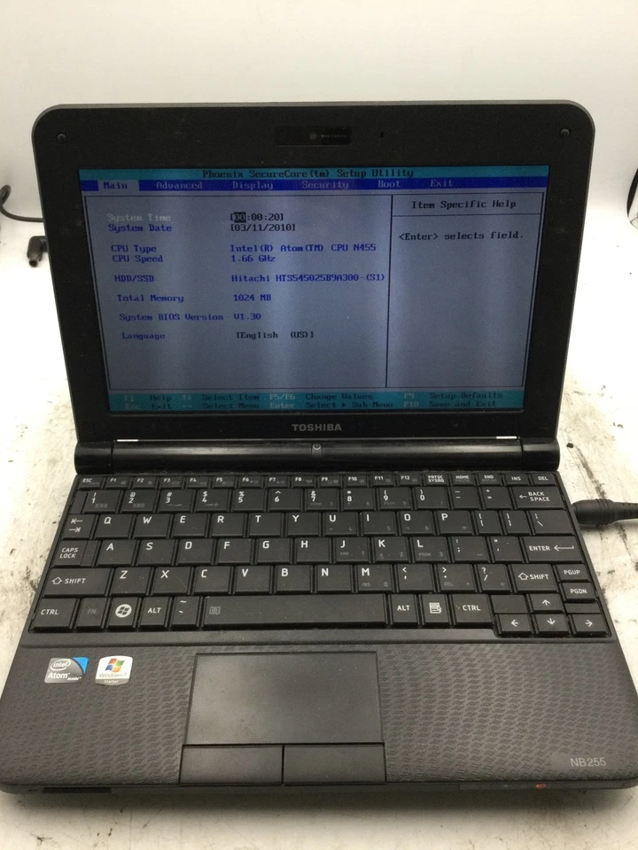 TOSHIBA NB255 N250 - BOOTS TO BIOS - INTEL ATOM - 1GB RAM - READ DESCRIPTION -BB - Image 1 of 4
