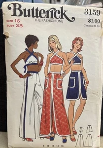 Vintage 70er Butterick 3159 Neckholder- & Midiff-Rock & Hose mit Bindeband weit draußen Gr. 16 - Bild 1 von 2