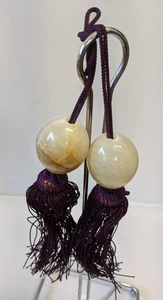 Japanese Hanging Scroll Weights Fuchin Green Onyx  Purple Silk Cord - Picture 1 of 8