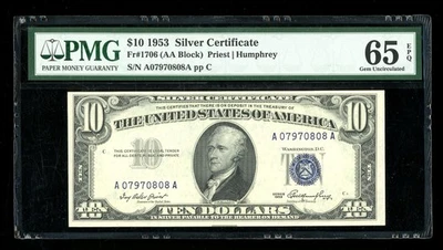 DBR 1953 $10 Silver Gem Fr. 1706 PMG 65 EPQ Serial A07970808A - Image 1 of 2
