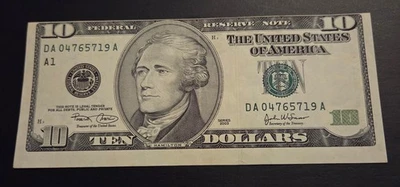 VERY RARE USA 10 DOLLARS BANKNOTE “ERROR” FRONT SIDE PRINTING SHIFTED UPWARDS - Image 1 of 2