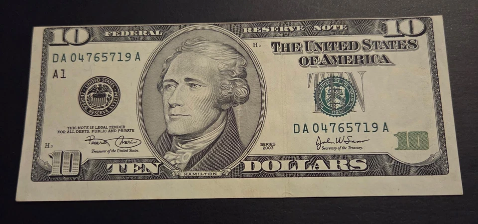 VERY RARE USA 10 DOLLARS BANKNOTE “ERROR” FRONT SIDE PRINTING SHIFTED UPWARDS - Image 1 of 2