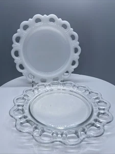 VNTG Lot Of 2 Lace Edge 8” Plates Milk Glass (Anchor Hocking) Clear (Lancaster) - Picture 1 of 8