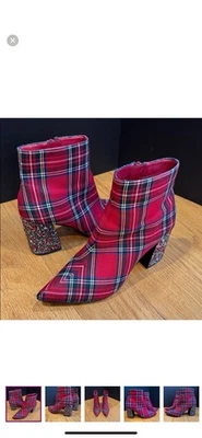Betsey Johnson Red Black Plaid Booties With Rhinestone Block Heel Size 7m - Image 1 of 4