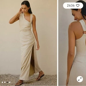 Anthropologie Linen One Shoulder Asymmetrical Maxi Dress Tan Large - Picture 1 of 11