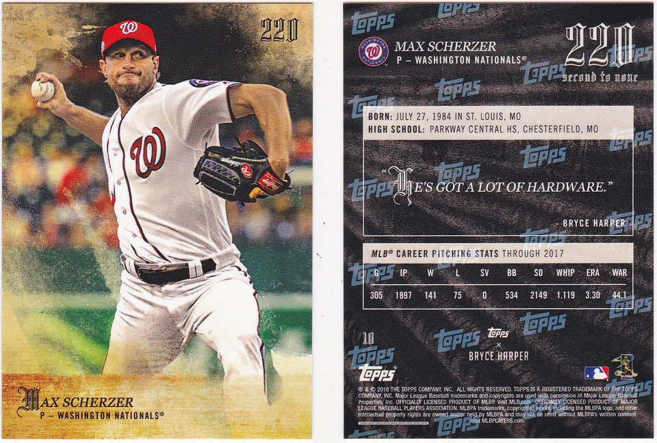 Max Scherzer Washington Nationals 2018 Topps 220 Harper second to none 10 /5196 - Image 1 of 1