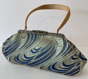 Bolso De Colección Pat Vini Ondulado Bordado Jacquard Azul Teal Dorado Asa Superior - Imagen 1 de 14
