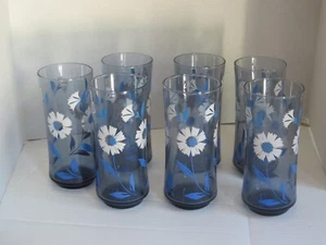 7 Vintage Blau und Weiß Floral Libbey Trinkgläser - Bild 1 von 3