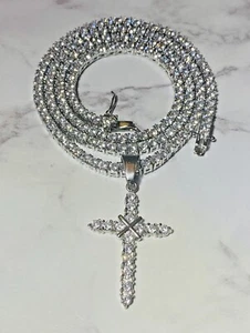 Silver Finish Tennis Chain Cross Pendant Necklace - Elegant Statement Jewelry - Picture 1 of 8