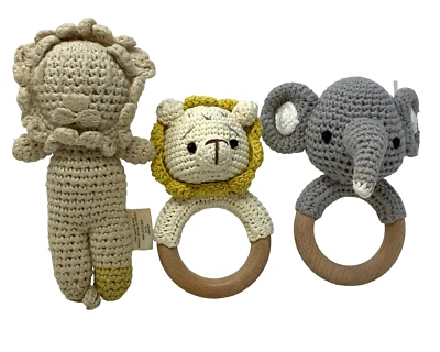 LAND OF NOD Lot 3 Crochet Rattles Lion Bear Elephant Baby Knit Wood Handles - Image 1 of 4