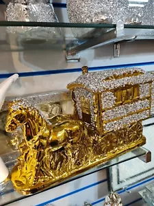 GOLD And SILVER HORSE WITH RECTANGLE WAGON GYPSY CRUSHED DIAMOND CARRIAGE ORNAME - Picture 1 of 4