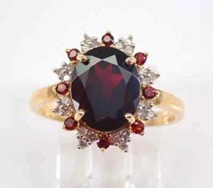 Lab-Created Red Garnet 3Ct Oval Cut Halo Engagement Ring 14K Yellow Gold Plated - Picture 1 of 5