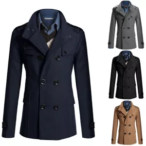 Men Trench Coat Double Breasted Warm Tops Formal Overcoat Jacket Winter Outwear~ - Picture 1 of 20