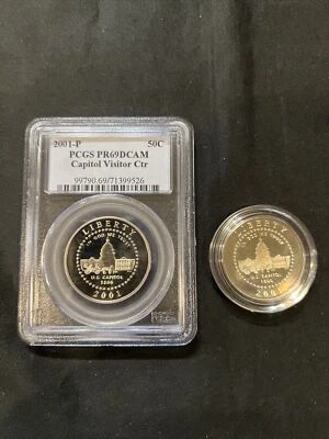Lot of 2: 2001 US 50c Coins Capitol Visitor Center, PCGS PR69DCAM & Raw encased - Image 1 of 4