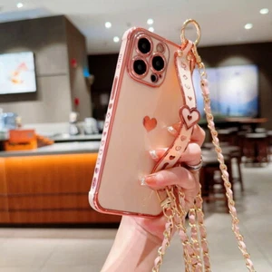 For iPhone 15 14 13 12 11 Pro Max Plating Lanyard Wrist Strap Heart Case Cover - Picture 1 of 25