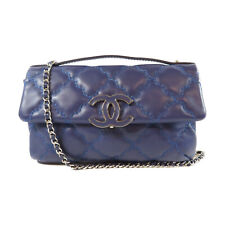 CHANEL Quilted CC SHW Chain Shoulder Bag Crossbody Lambskin Leather Blue