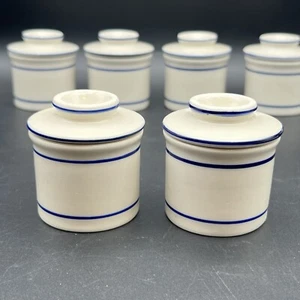 Set of 2 Vintage Mini Butter Bell Ceramic Keeper Crock White Blue 2.25" NORPRO - Picture 1 of 10