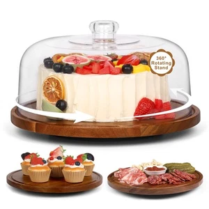 Cake Stand with Dome Lid, 12in Acacia Wood Cake Plate with Cover, Wooden Cake... - Picture 1 of 7