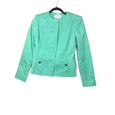 Calvin Klein 亚麻混纺无领西装外套浅绿色工作服女式 2 码 — 第 1/4 张图片