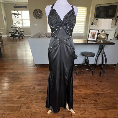 Vestido formal negro Studio 17 talla 10 graduación ajustado lentejuelas satinadas espalda baja de colección Y2K Foto 1 de 4