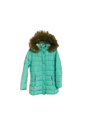 Abrigo chaqueta acolchada con capucha y cremallera completa de piel verde menta Justice Girls talla 14-16 Foto 1 de 4