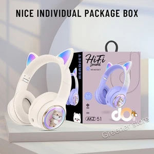 Kids Headphones Wireless Bluetooth Headset LED Lights Cat Ear Earphone Foldable - Foto 1 di 17