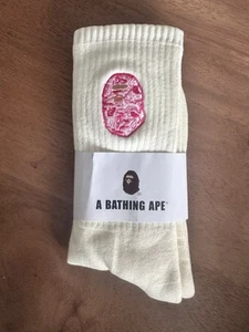 🐵 BAPE A Bathing Ape Long Crew Socks • White - Pink Head • Size Large • BNWT - Picture 1 of 6