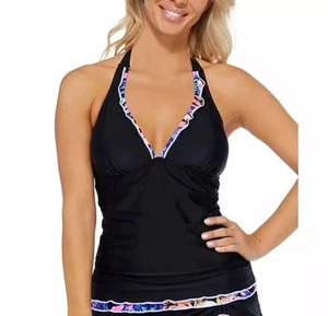 Island Escape Tankini Top Bordo a Contrasto Supporto Ruffle Nero - Foto 1 di 4