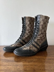 Gucci Monogram Beige Riding Boots Canvas Leather - Size 6 - Picture 1 of 7