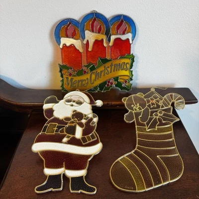 4 - Vintage 10” Christmas Plastic Window Hanging Suncatchers Stocking, Santa - Image 1 of 4