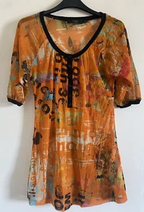 Xact Allover-Blusentop abstrakter Druck Kurzarm Stretch Netz orange UK 12 - Bild 1 von 4