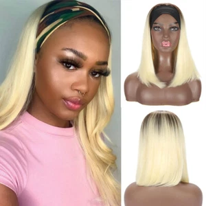 Bob Headband Ombre Blonde Straight Wig For Women Daily Wear Synthetic Soft Wig - Picture 1 of 11